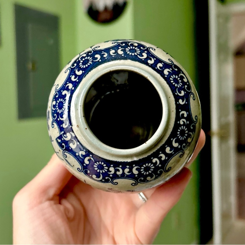 Vintage Navy Floral Pottery Oriental Mini Indoor Planter Vase Home Decor Accent - Picture 6 of 10